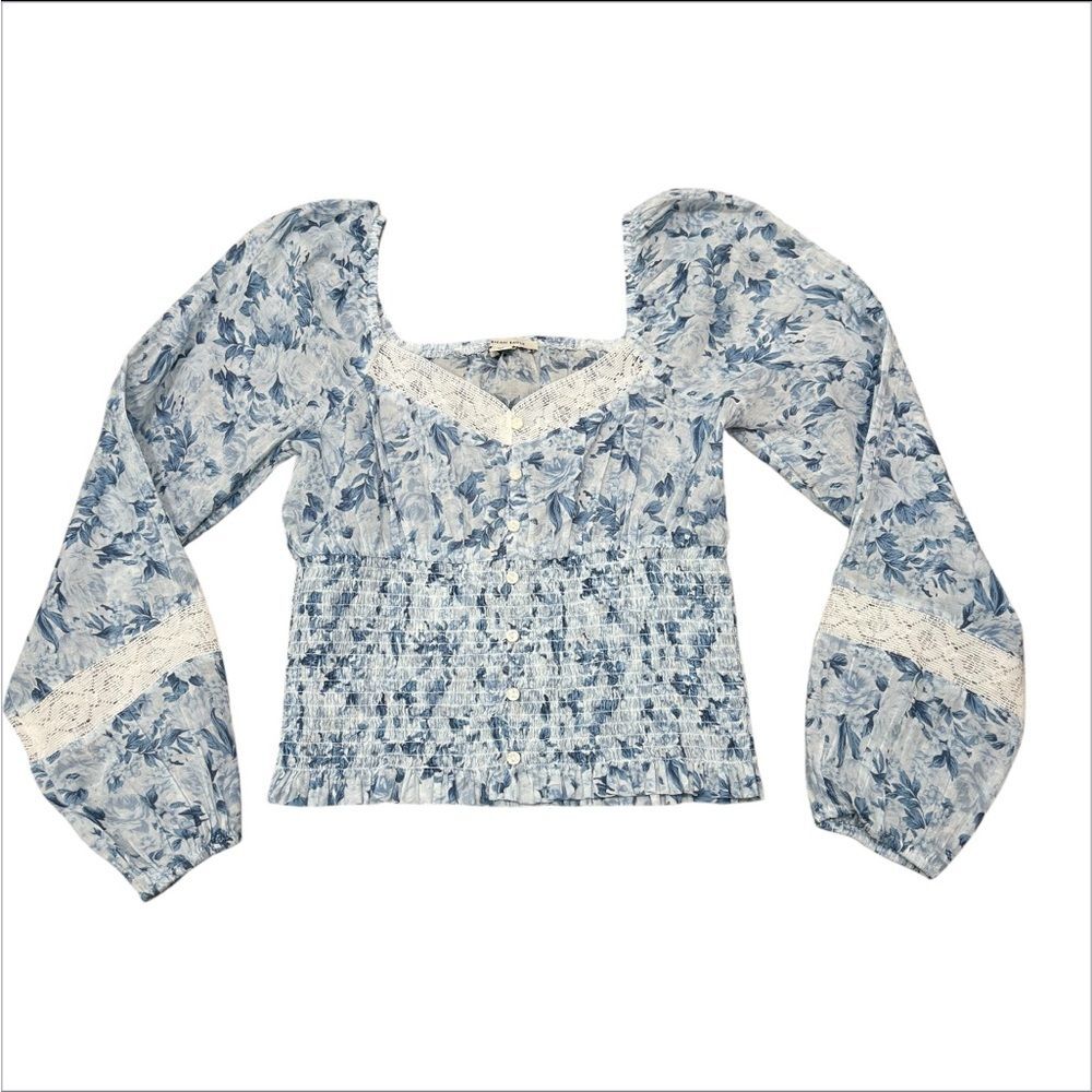 American Eagle Blue Floral Smocked Babydoll Top Size XS